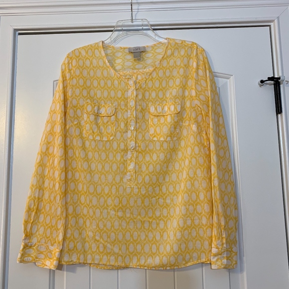 Loft Yellow & White w/ Buttons, 2 Pockets, Long Sleeve Blouse, S - Picture 2 of 4